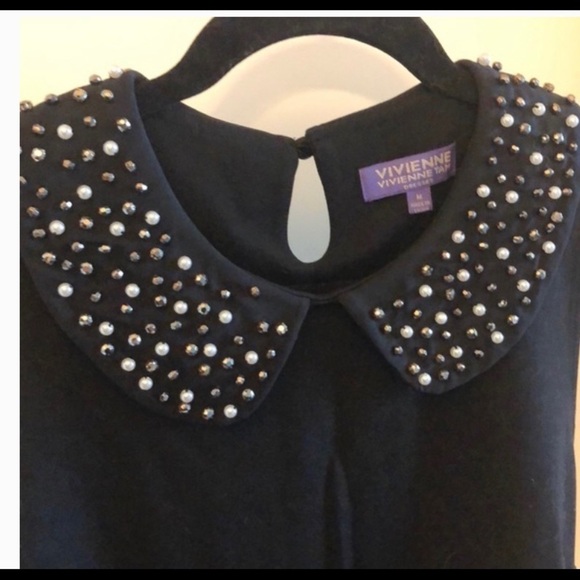 Vivienne Tam, Simple Elegance,Black Dress w/Beaded Mary Jane Collar, Size Large - Picture 10 of 14